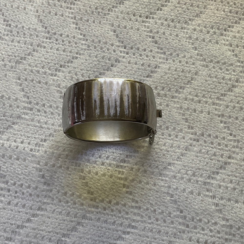 Silver Hinged Cuff Bracelet Wave Texture